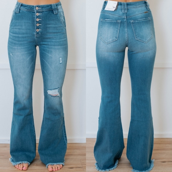 Denim - High Rise Waist Flare Distressed Denim Jeans Bell Bottom Wide Leg